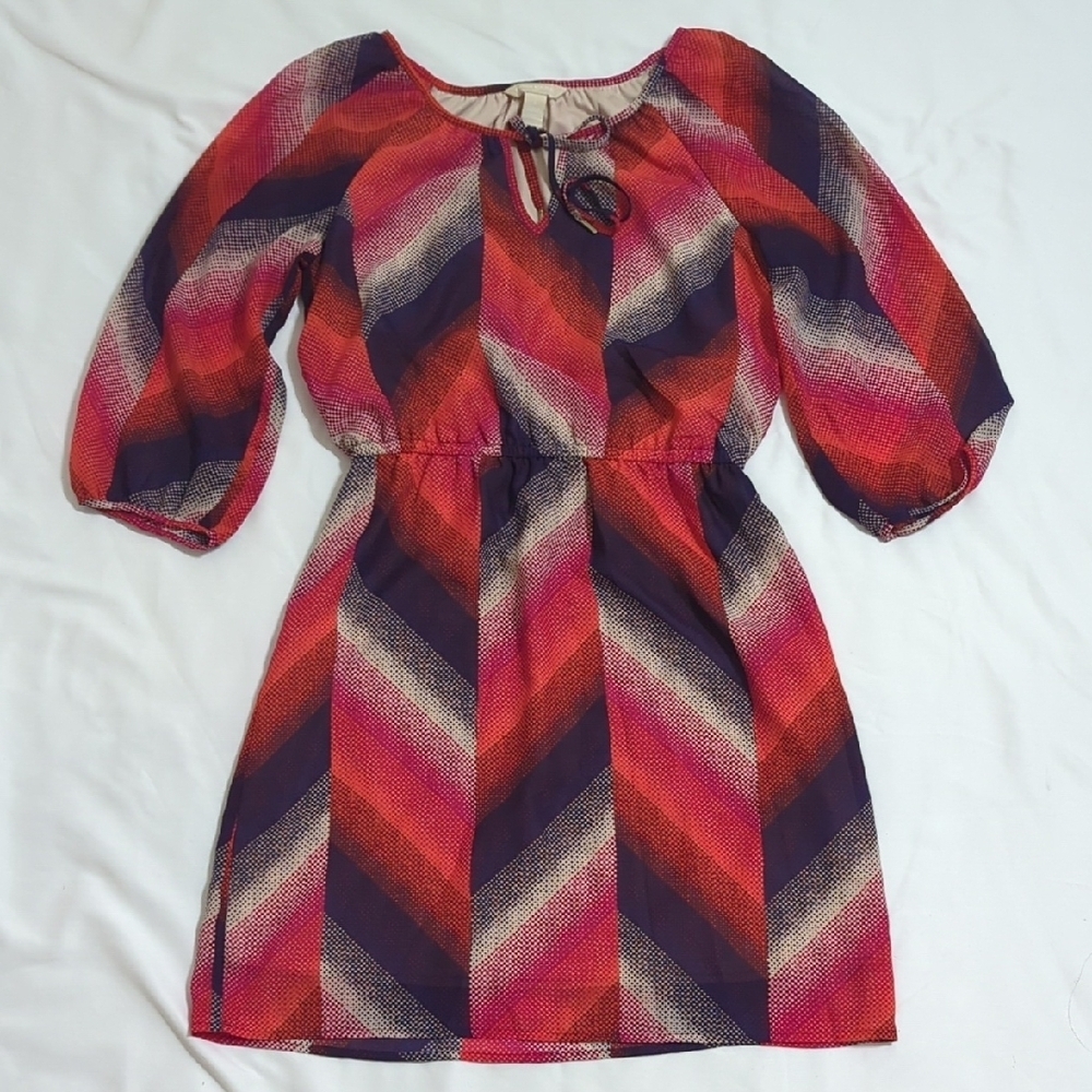 Banana Republic 3/4 Sleeve Chevron Mini Dress, Color Orange/Pink/Blue Size 6
